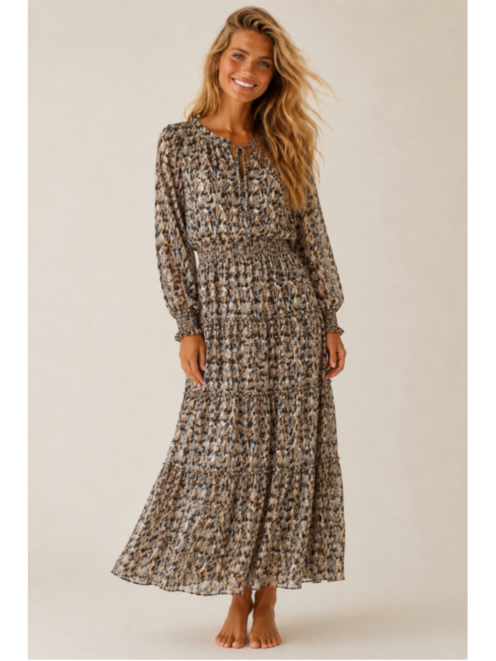MSK Abstract Maxi Dress Tiered Boho Romantic Wedding Modest Quiet Luxury Earthy